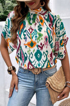 Printed Mock Neck Half Sleeve Blouse Trendsi