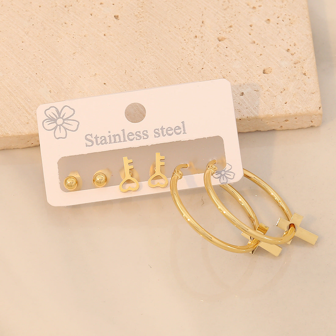 3 Piece Gold-Plated Stainless Steel Earrings
