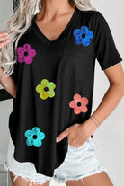 Sequin Flower V-Neck Short Sleeve T-Shirt Trendsi