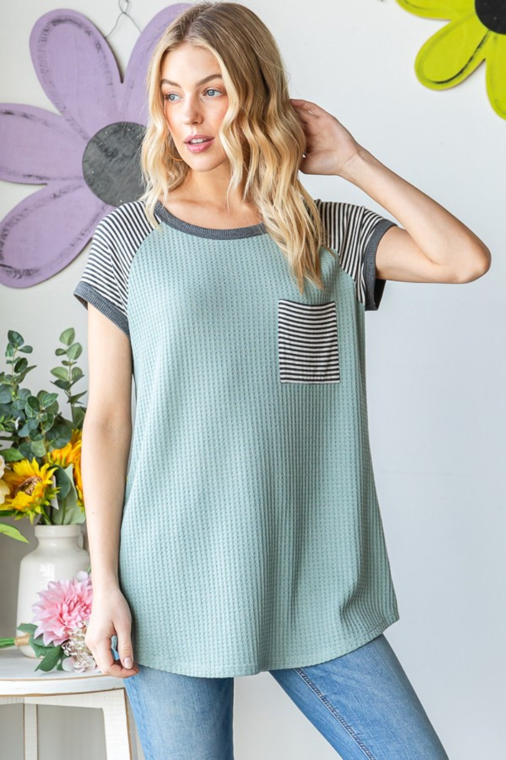 Heimish Full Size Striped Short Sleeve Waffle T-Shirt Trendsi
