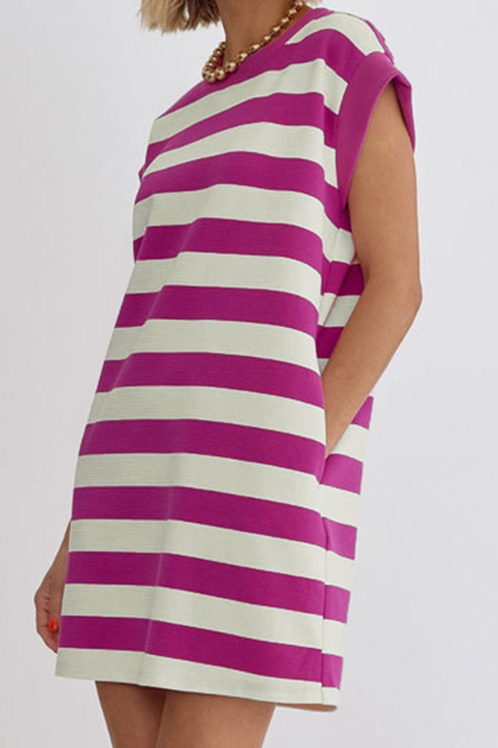 Striped Round Neck Cap Sleeve Dress Trendsi