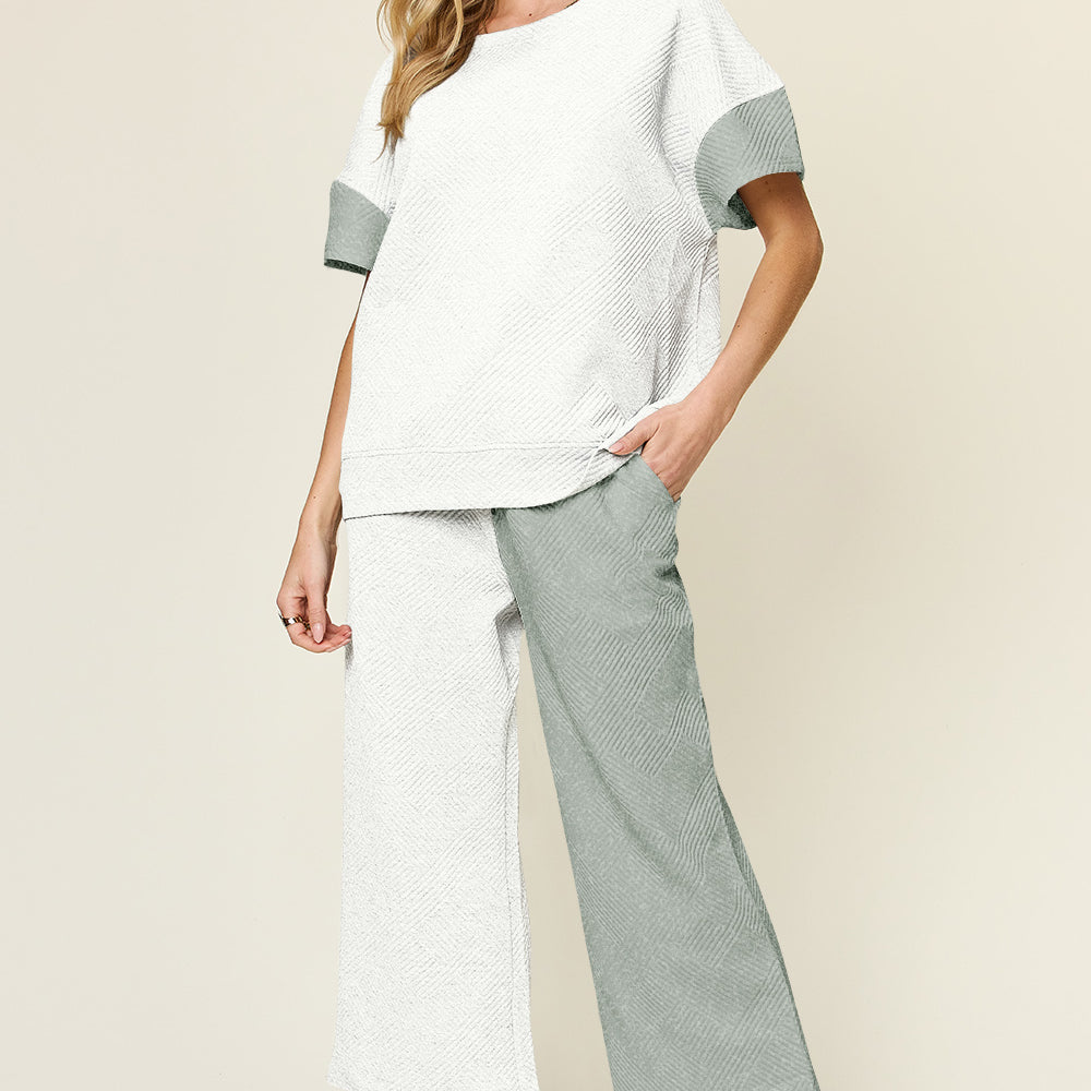 Double Take Full Size Texture Contrast T-Shirt and Wide Leg Pants Set Trendsi