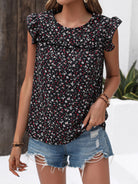 Ruffled Printed Round Neck Cap Sleeve Blouse Trendsi