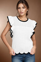 Ruffled Round Neck Cap Sleeve Knit Top Trendsi