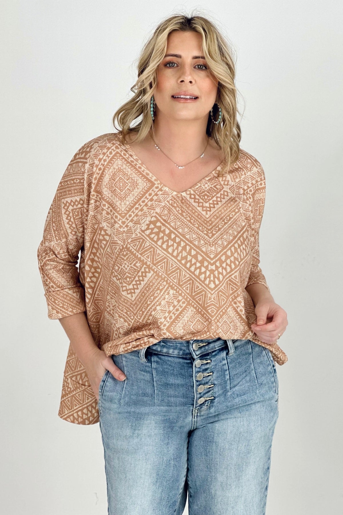 BiBi Aztec Print French Terry V Neck Top Kiwidrop