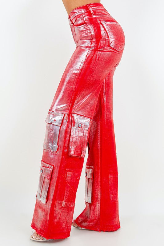 Cargo Wide Leg Jean in Foil Red GJG Denim