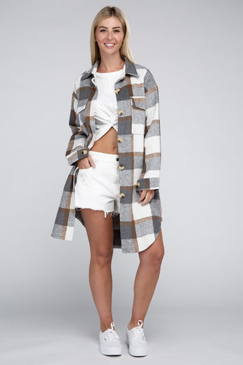 Plaid Flap Pocket Drop Shoulder Shirt Nuvi Apparel