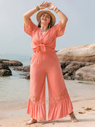 Plus Size Button Up Half Sleeve Top and Pants Set Trendsi