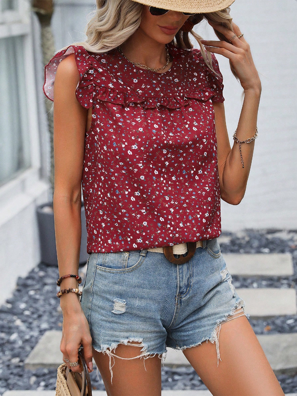 Ruffled Printed Round Neck Cap Sleeve Blouse Trendsi