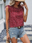 Ruffled Printed Round Neck Cap Sleeve Blouse Trendsi