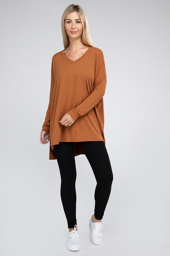 Dolman Long Sleeve V-Neck Side Slit Hi-Low Hem Top ZENANA