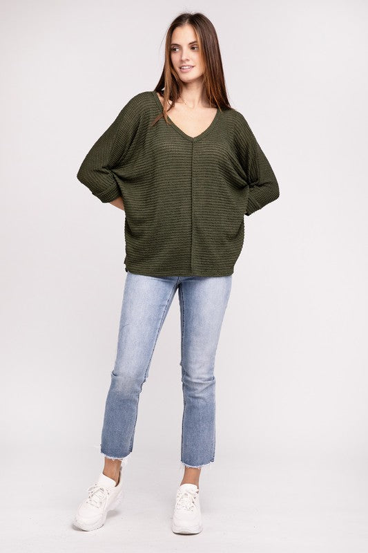 3/4 Sleeve V-Neck Hi-Low Hem Jacquard Sweater ZENANA
