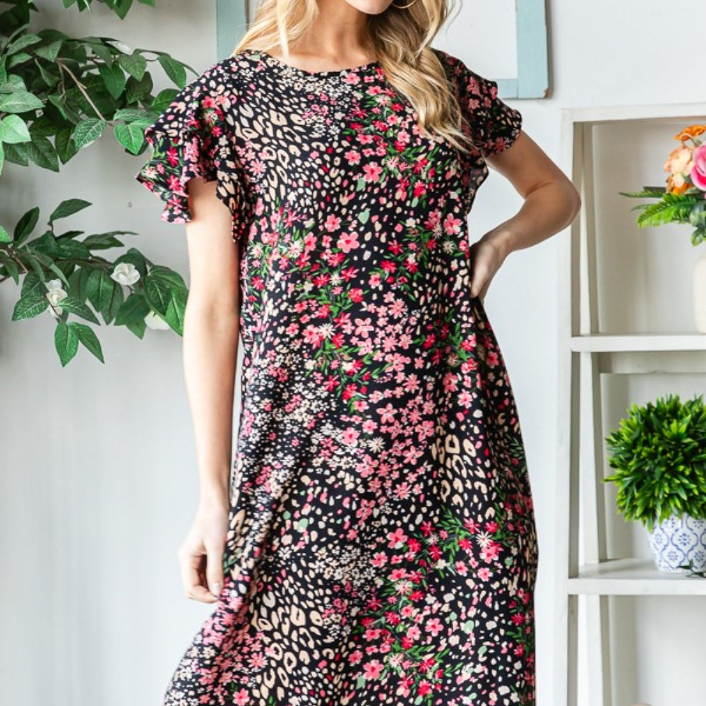 Heimish Full Size Printed Ruffled Short Sleeve Dress with Pockets Trendsi