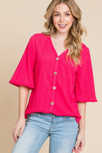 BOMBOM Texture Decorative Button V-Neck Top Trendsi