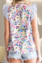 Ruffled Printed Mock Neck Cap Sleeve Blouse Trendsi