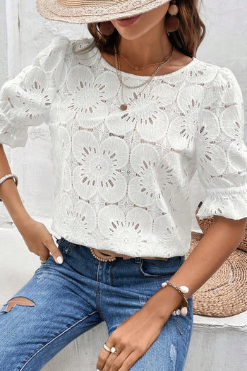 Round Neck Flounce Sleeve Blouse Trendsi