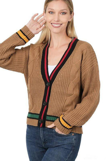 Zenana Contrast Trim Cable Knit Cardigan Kiwidrop