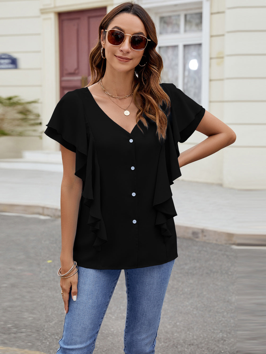 Ruffled V-Neck Short Sleeve Top Trendsi