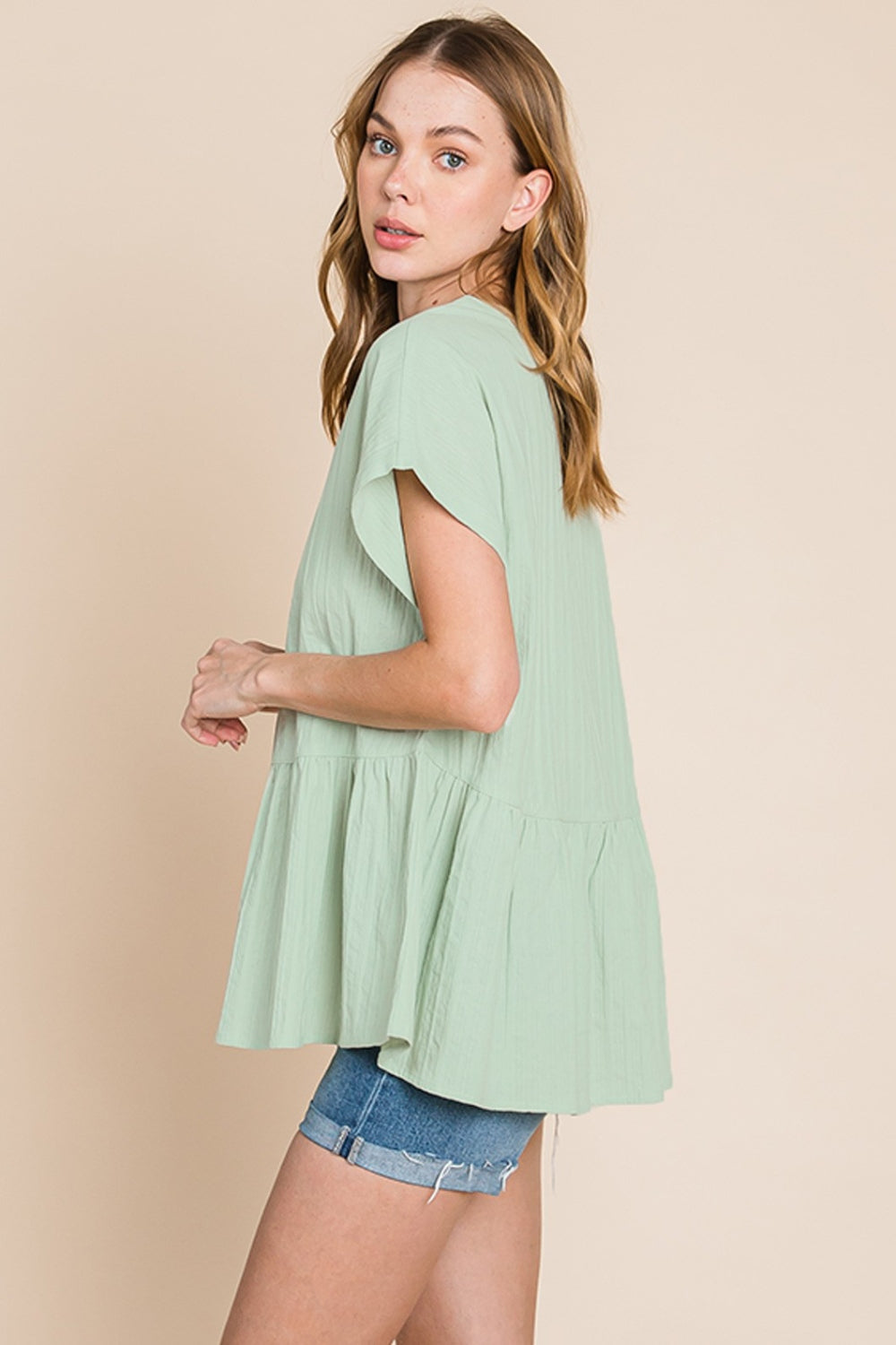 Cotton Bleu by Nu Lab Ruched Notched Short Sleeve Blouse Trendsi