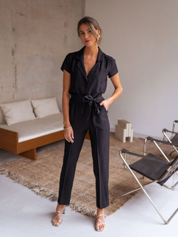 Tied Collared Neck Short Sleeve Jumpsuit Trendsi