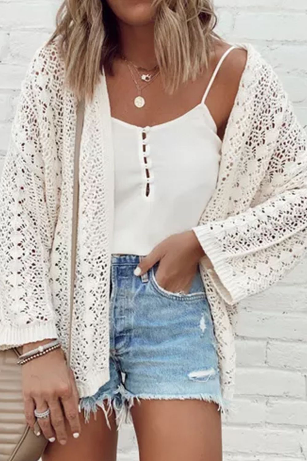 Openwork Open Front Dropped Shoulder Cardigan Trendsi