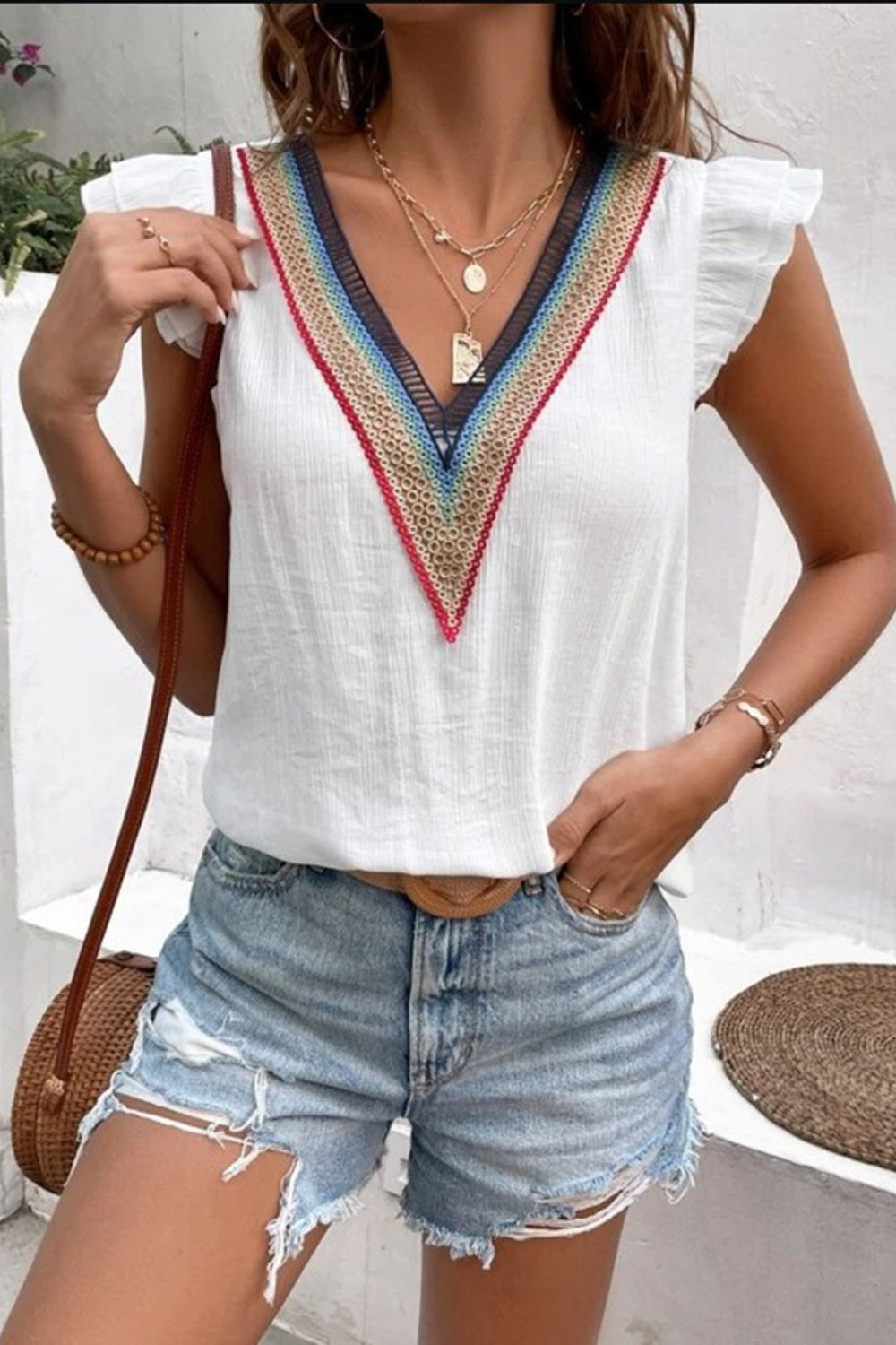 Full Size Ruffled V-Neck Cap Sleeve Blouse Trendsi