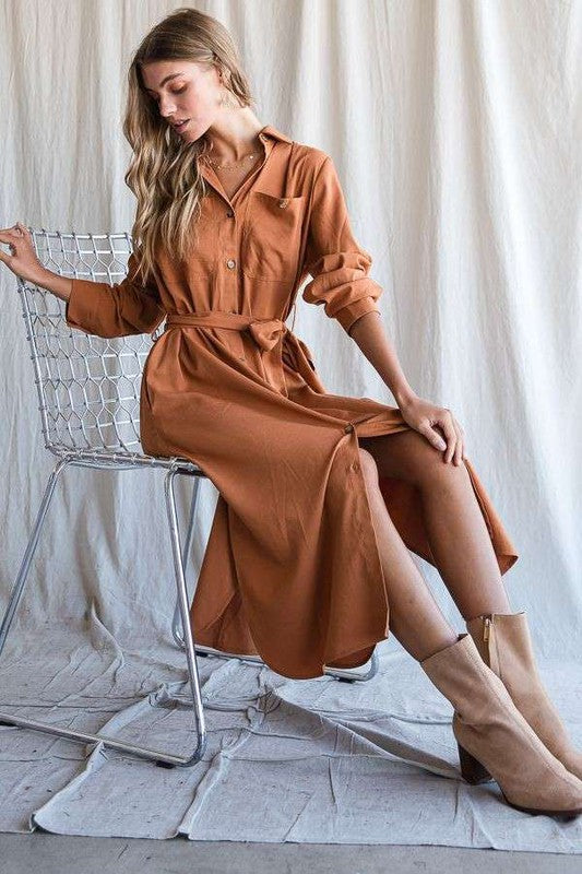 SOLID BUTTON DOWN BELTED LONG DRESS 30-545 Jade By Jane