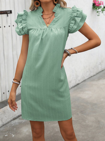 Ruffled Notched Cap Sleeve Mini Dress Trendsi