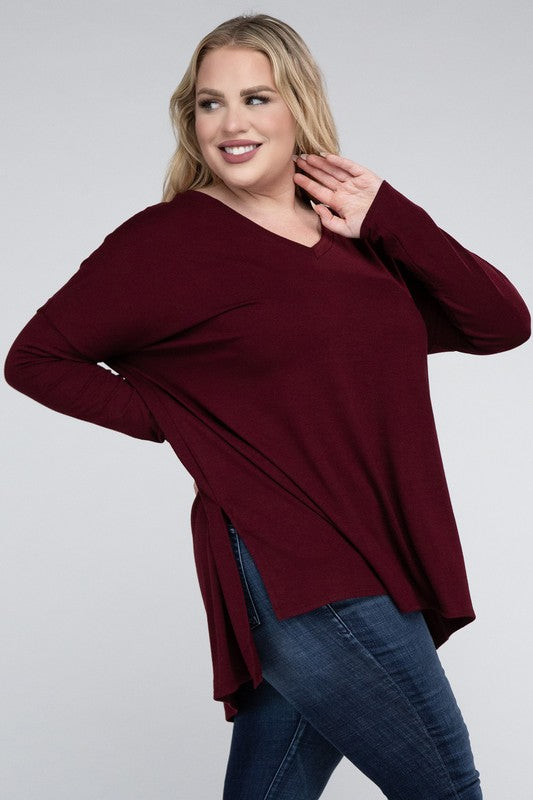 Plus Dolman Sleeve V-Neck Side Slit Hi-Low Hem Top ZENANA