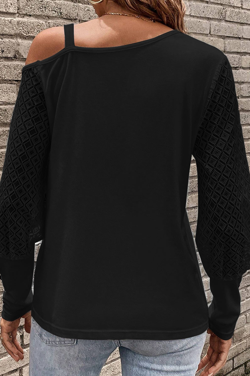 Asymmetrical Neck Lace Long Sleeve T-Shirt Trendsi