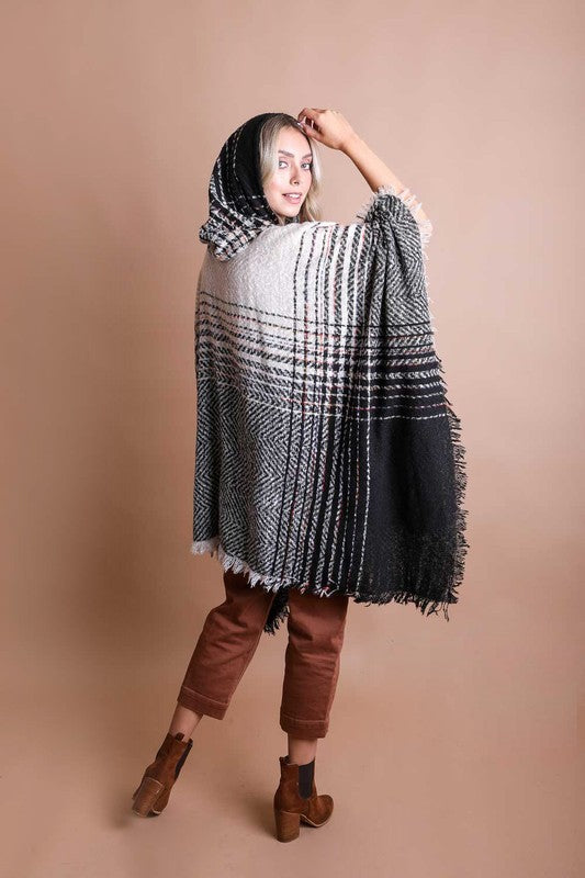 Herringbone Tweed Hooded Frayed Edge Poncho Leto Accessories