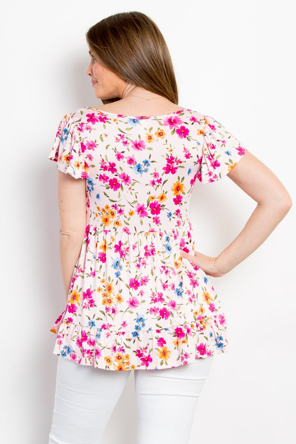 Be Stage Floral Short Sleeve Ruffled Top Trendsi