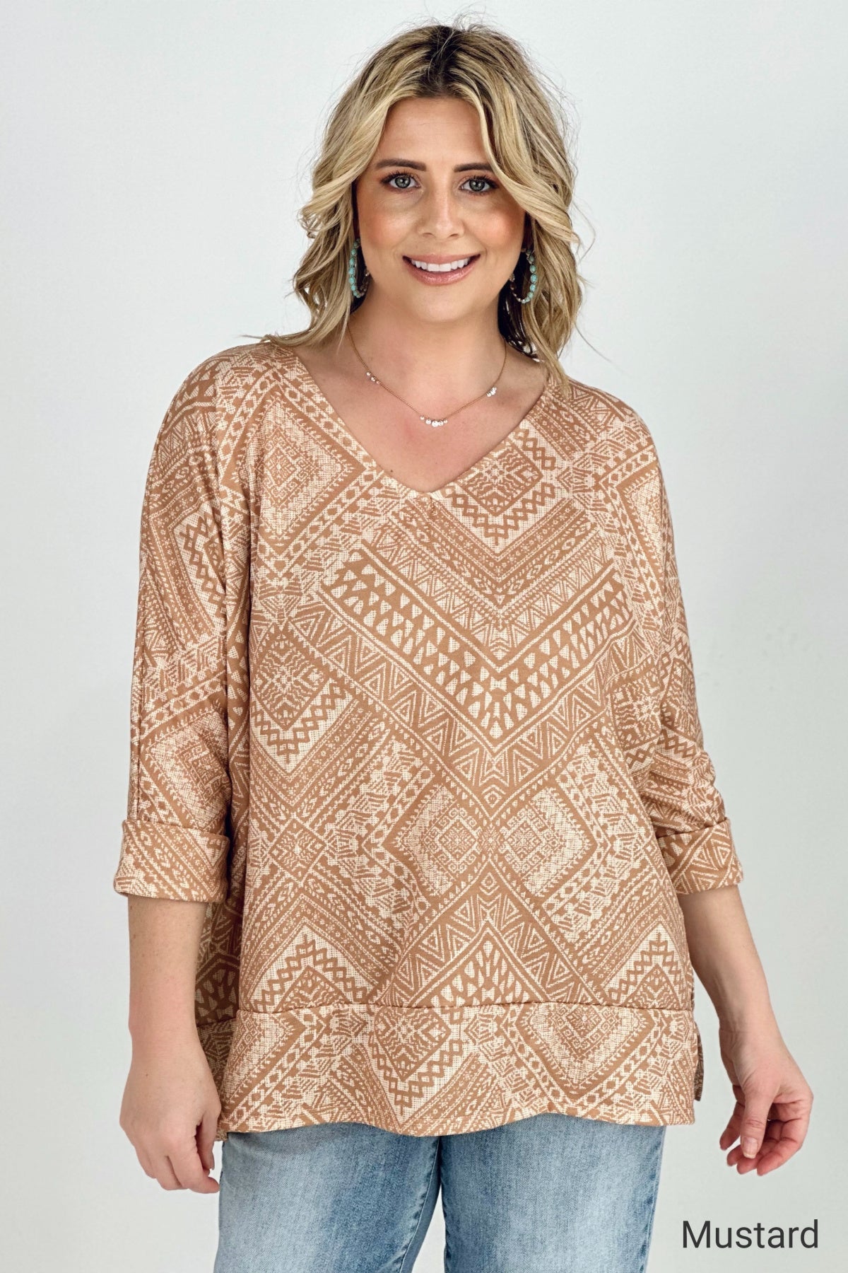 BiBi Aztec Print French Terry V Neck Top Kiwidrop