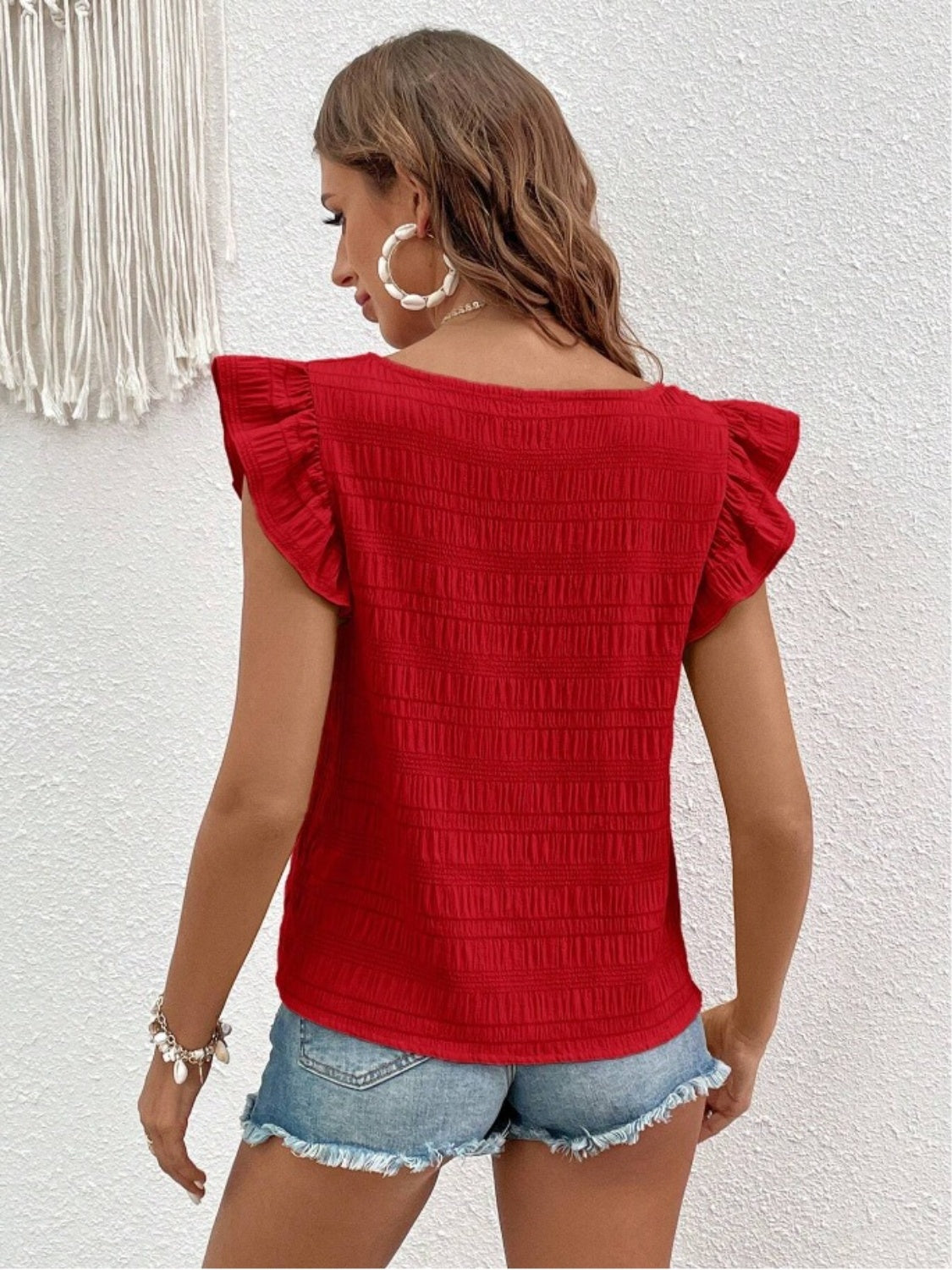 Ruffled Square Neck Cap Sleeve Blouse Trendsi