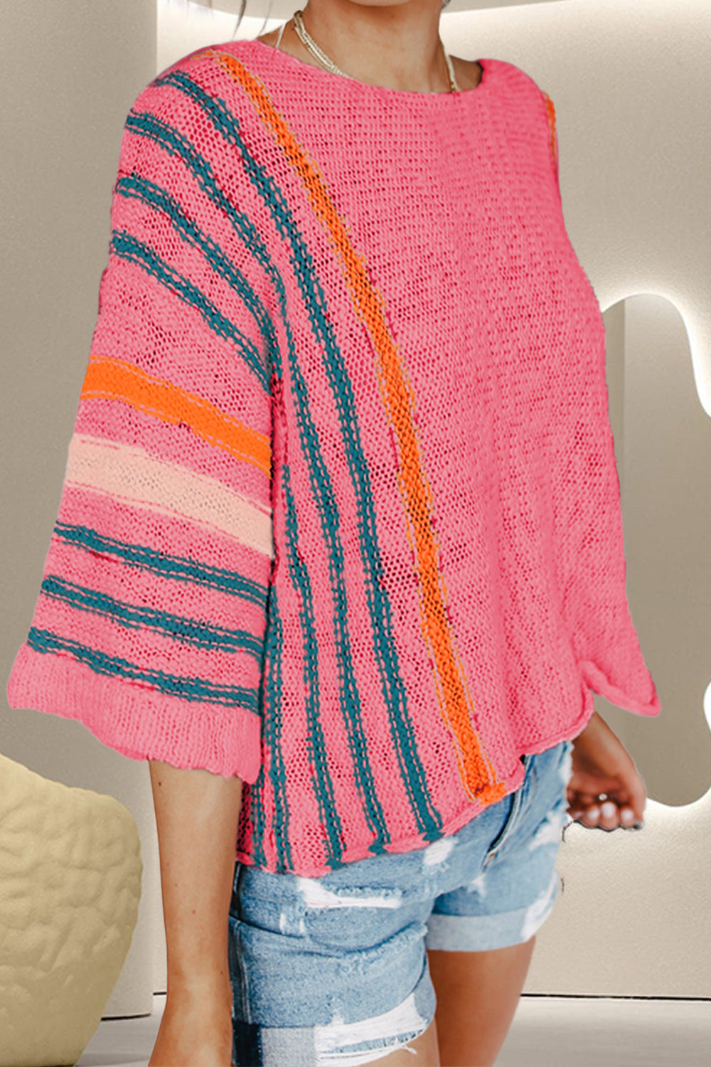 Striped Boat Neck Three-Quarter Sleeve Knit Top Trendsi