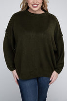 Plus Oversized Round Neck Raw Seam Melange Sweater ZENANA