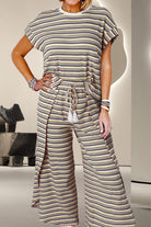 Striped Round Neck Top and Drawstring Pants Set Casual Chic Boutique