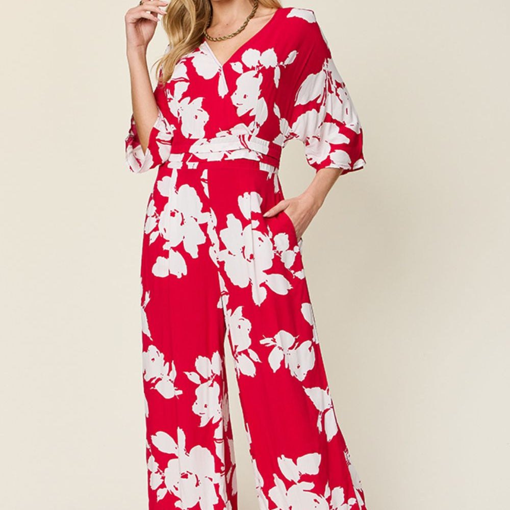 Double Take Full Size Printed Tie Back Wide Leg Jumpsuit