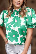 Ruffled Printed Mock Neck Short Sleeve Blouse Trendsi