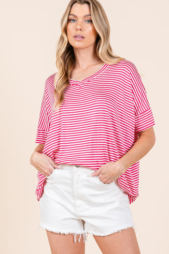 BOMBOM Striped V-Neck T-Shirt Trendsi