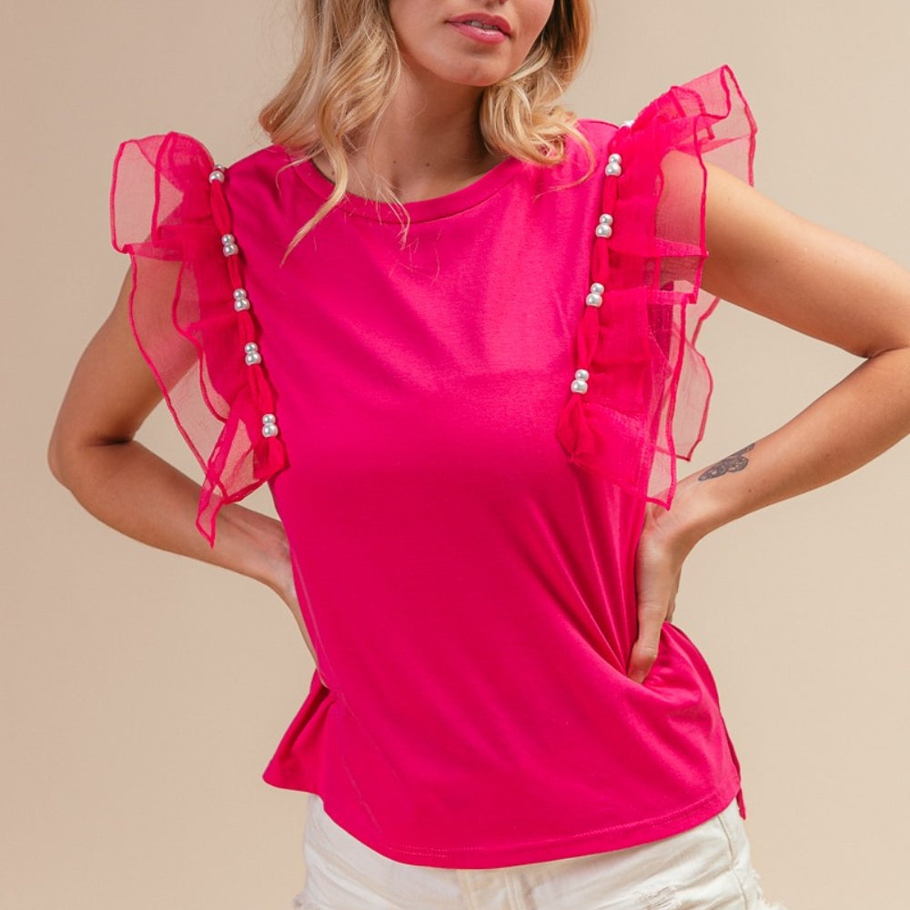 Pearl Decor Mesh Ruffle Sleeve Top Casual Chic Boutique