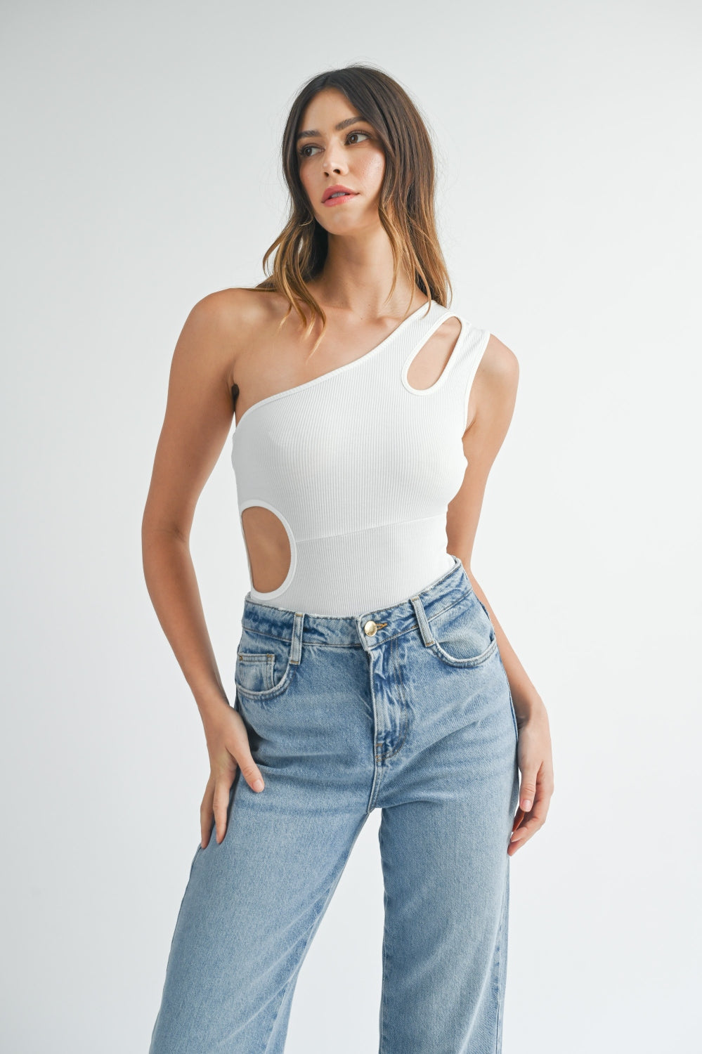 MABLE One Shoulder Ribbed Cutout Detail Bodysuit Trendsi