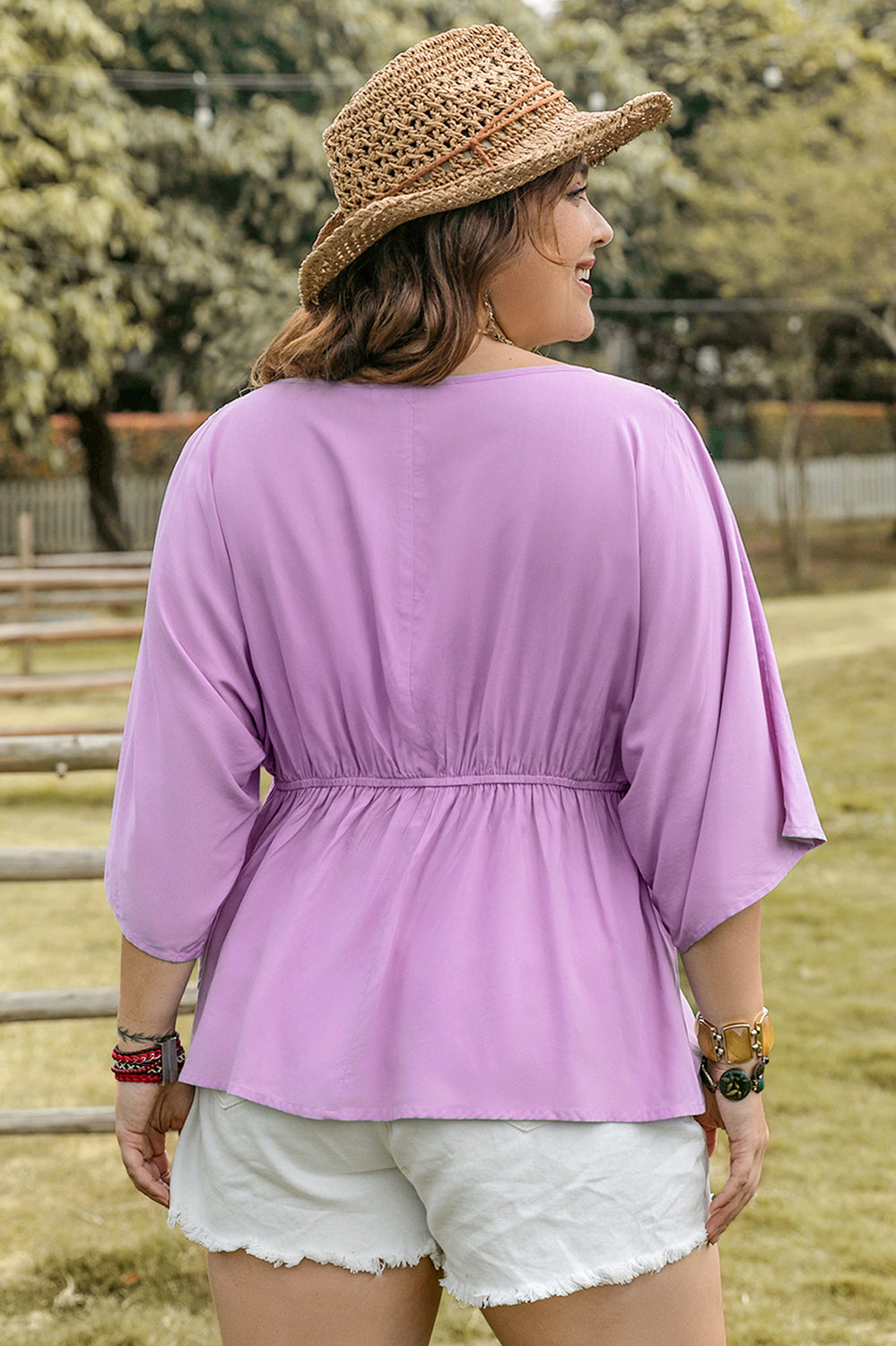 Plus Size Lace Detail Round Neck Three-Quarter Sleeve Blouse Trendsi