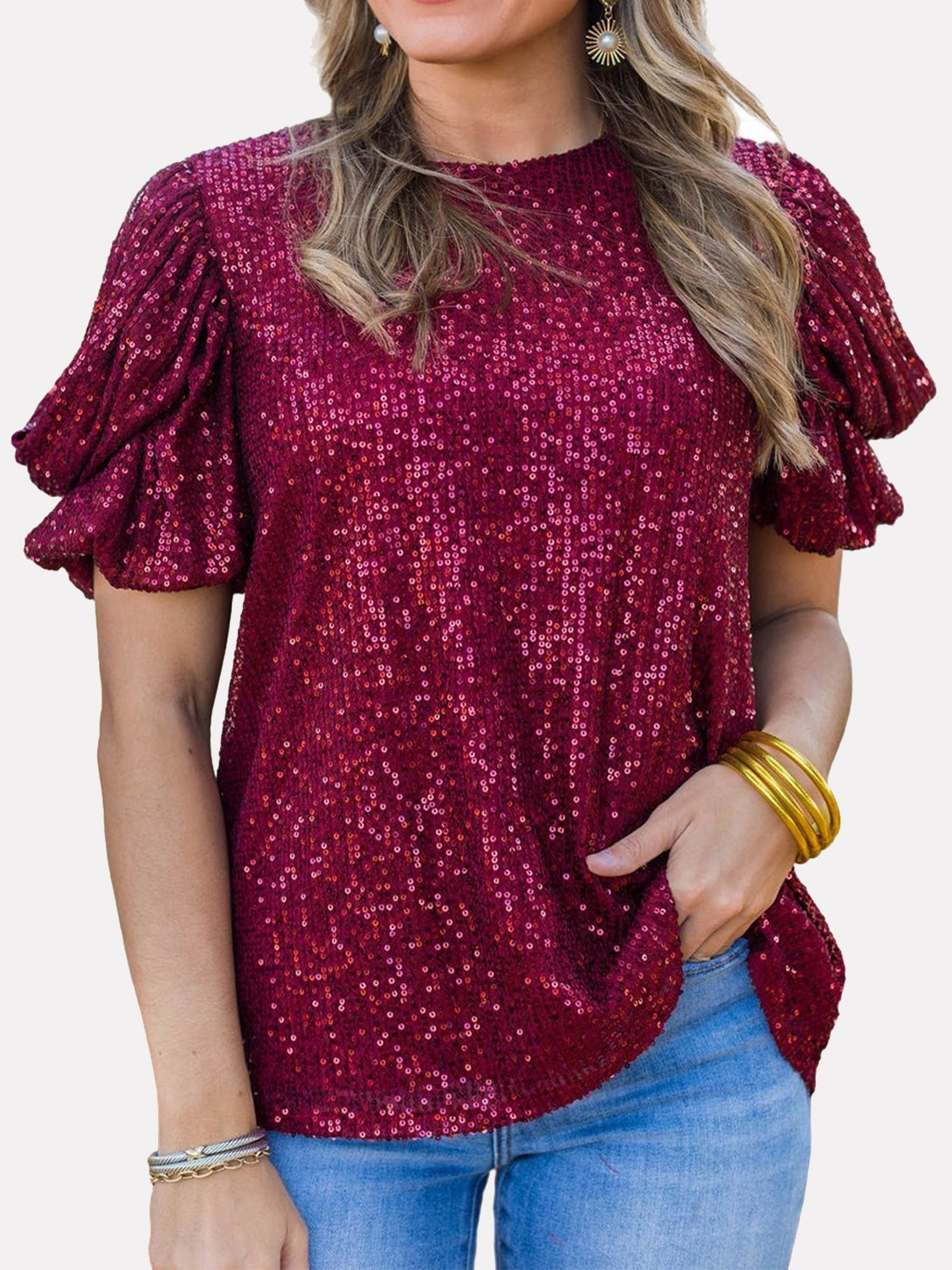 Sequin Round Neck Short Sleeve Blouse Trendsi