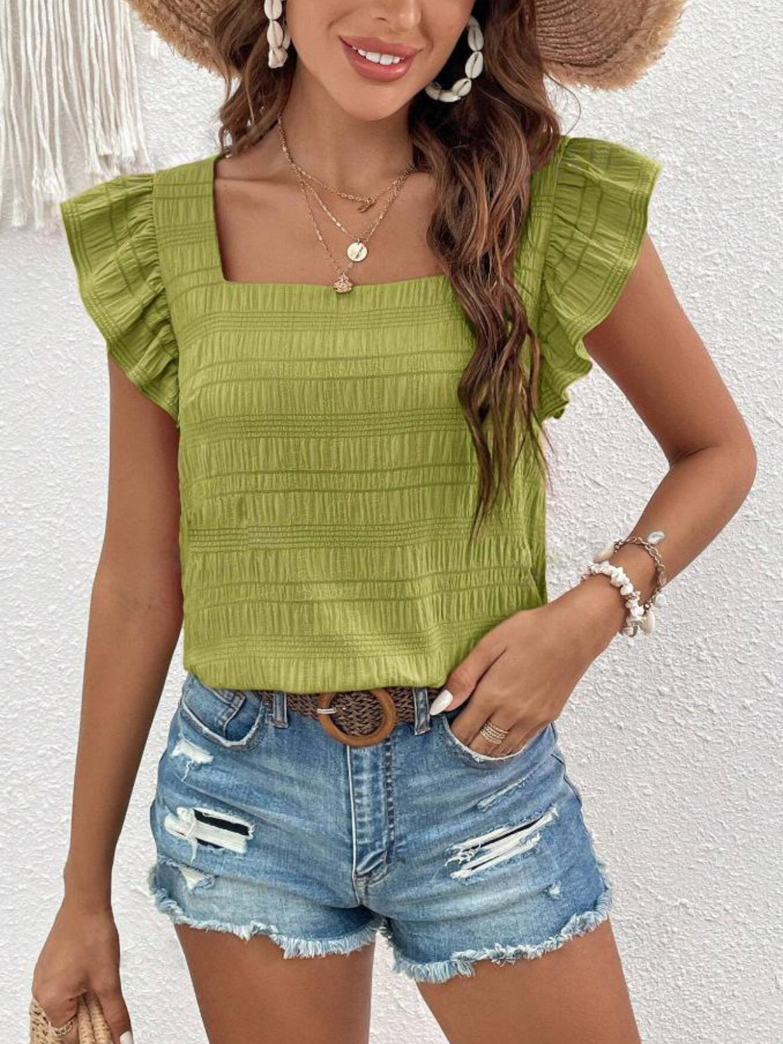 Ruffled Square Neck Cap Sleeve Blouse Trendsi