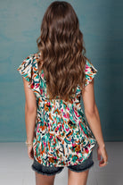 Ruffled Printed Notched Cap Sleeve Blouse Trendsi