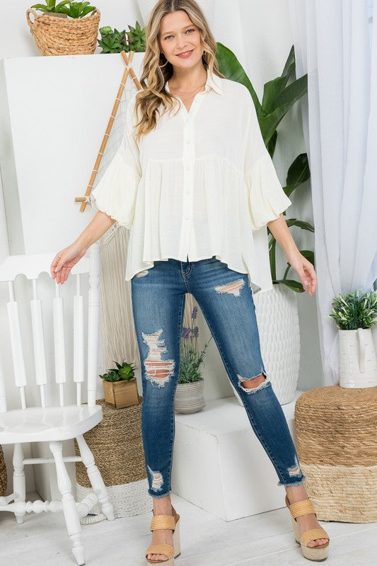 SOLID BUTTON DOWN BLOUSE e Luna