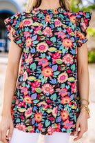 Ruffled Printed Mock Neck Cap Sleeve Blouse Trendsi