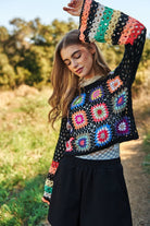 Floral Crochet Striped Sleeve Cropped Knit Sweater Davi & Dani