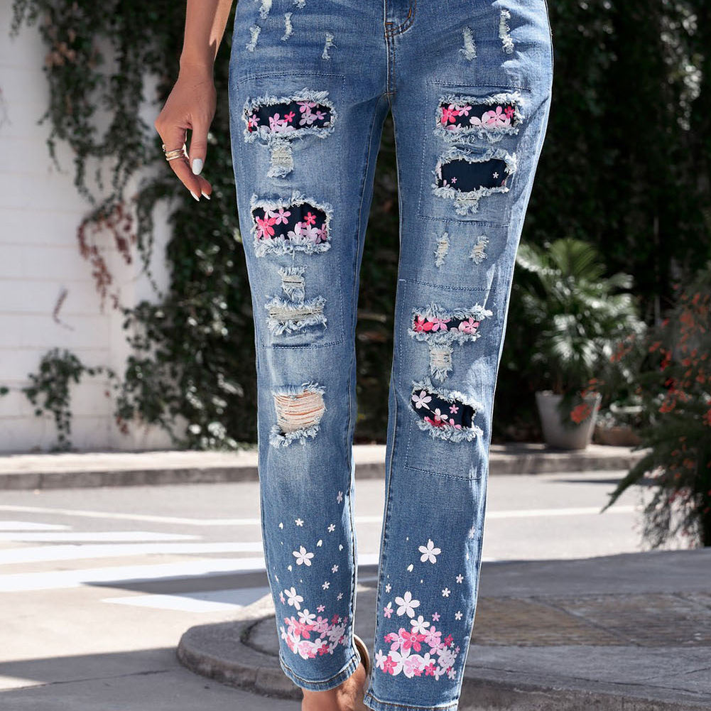 Baeful Printed Patch Distressed Boyfriend Jeans Trendsi